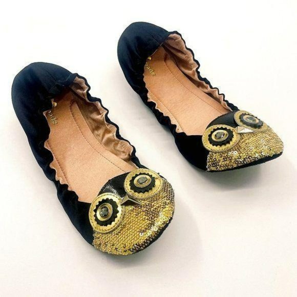 kate spade Shoes - NWOT Kate Spade Black Gold Cuckoo Foldable Flat